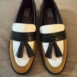 Franco Sarto Black and Tan Tassel Loafers